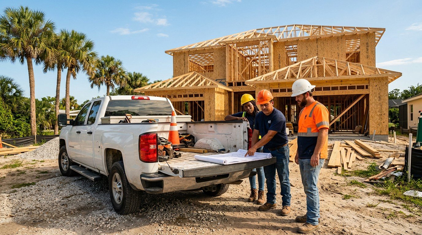 Tradespeople review blueprints on a truck tailgate, representing the various florida contractor license types in action.