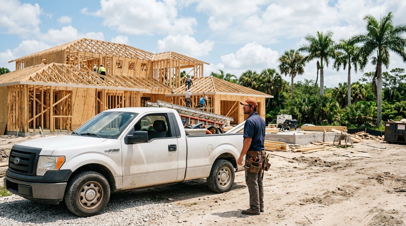 A Florida electrician stands by his truck on a job site, preparing for the nascla electrical exam.