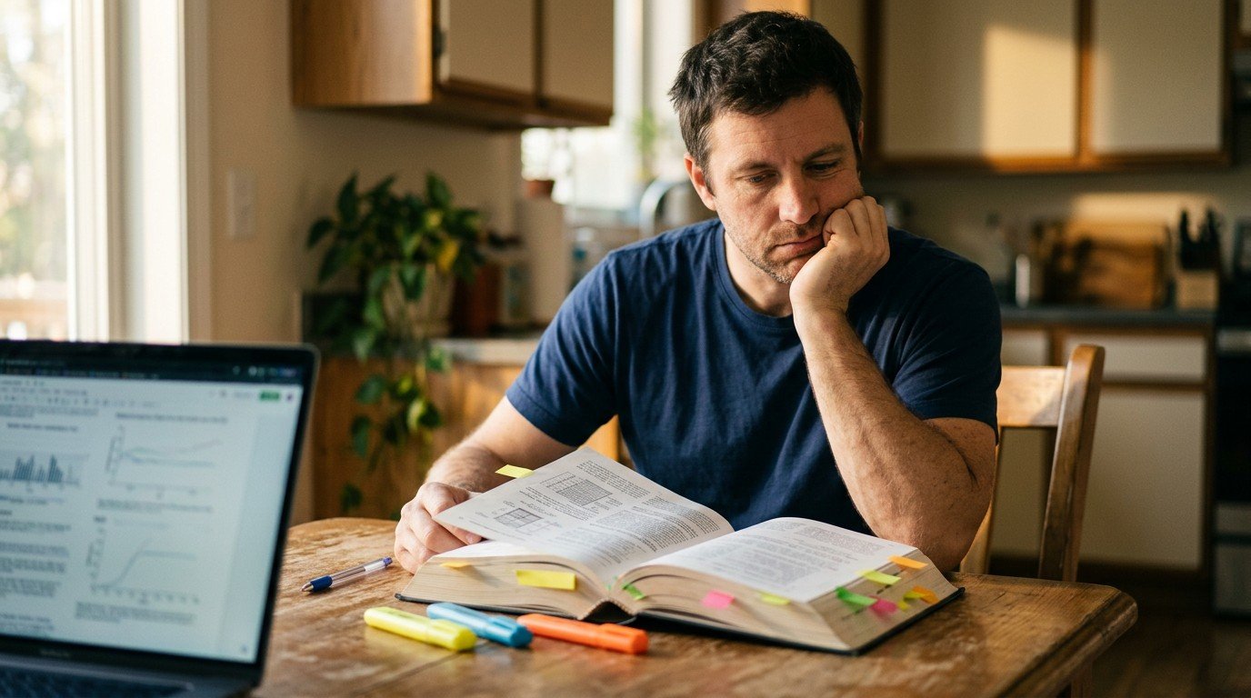 A contractor candidate studies code books at home to prepare for florida contractor license types exams.